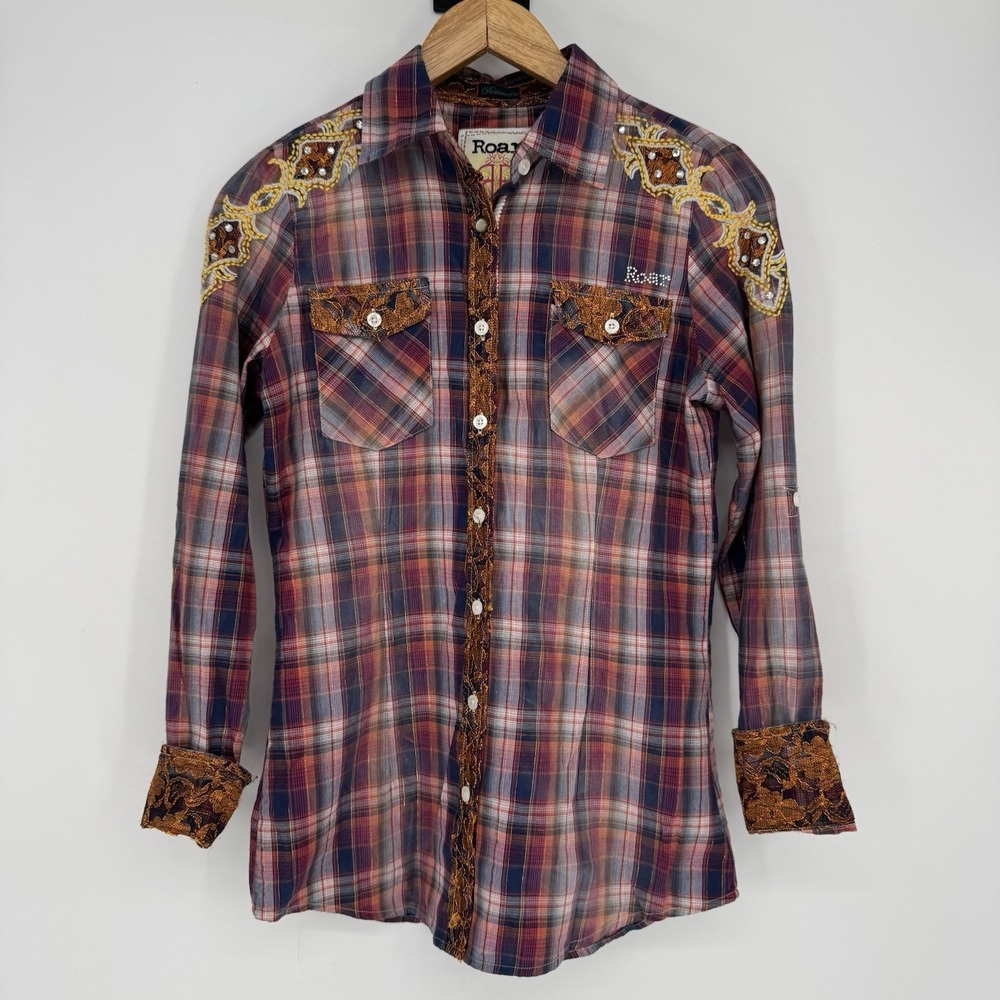 Roar Buckle Shirt Women's Size Small Flip‎ Cuff Shimmer Glitter Western Cowgirl
